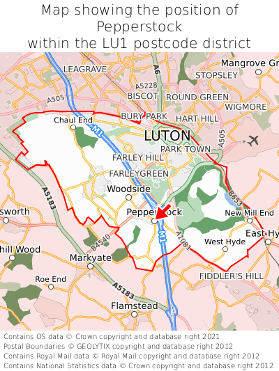 Map showing location of Pepperstock within LU1