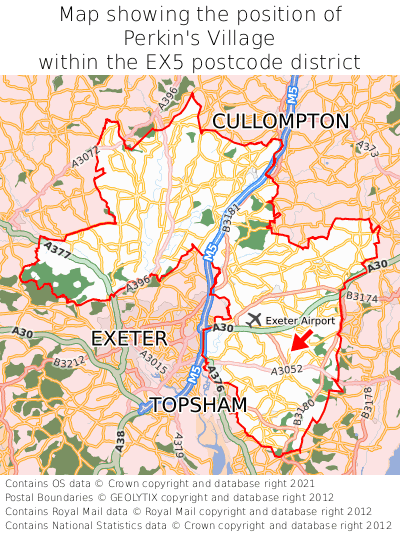Map showing location of Perkin's Village within EX5