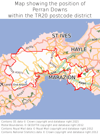 Map showing location of Perran Downs within TR20
