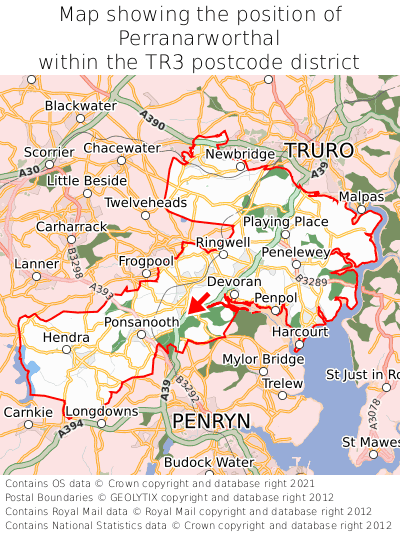 Map showing location of Perranarworthal within TR3