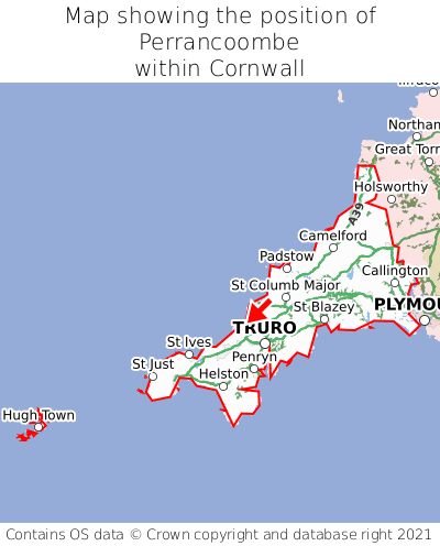 Map showing location of Perrancoombe within Cornwall