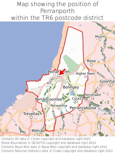 Map showing location of Perranporth within TR6