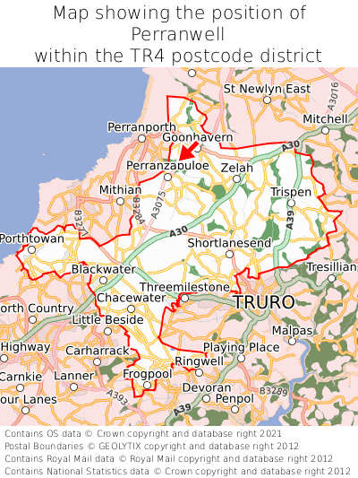 Map showing location of Perranwell within TR4