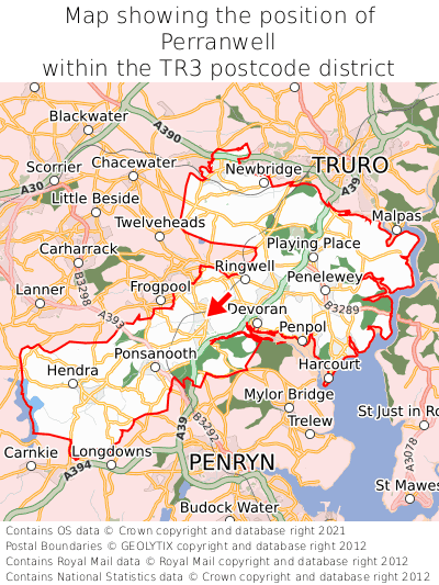 Map showing location of Perranwell within TR3