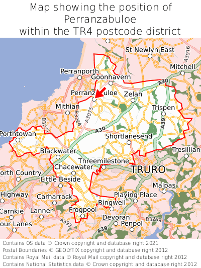 Map showing location of Perranzabuloe within TR4