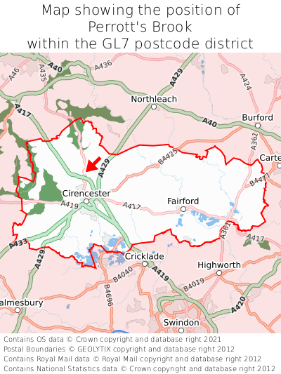 Map showing location of Perrott's Brook within GL7