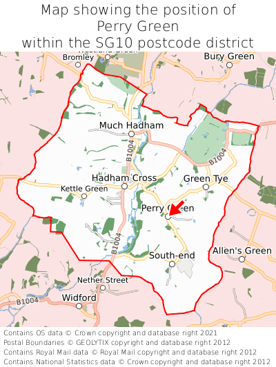 Map showing location of Perry Green within SG10