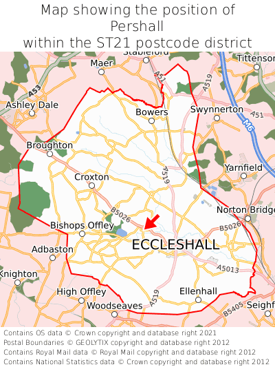 Map showing location of Pershall within ST21