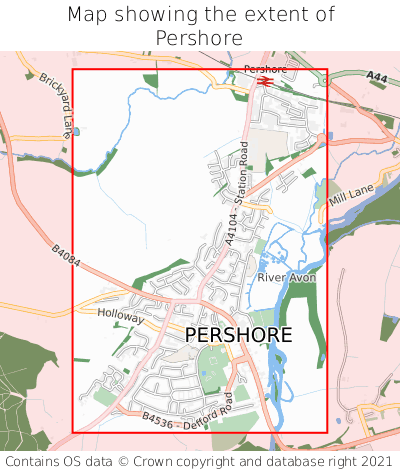 Map showing extent of Pershore as bounding box