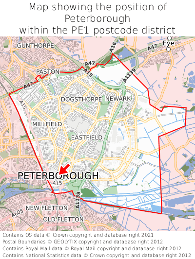 Map showing location of Peterborough within PE1