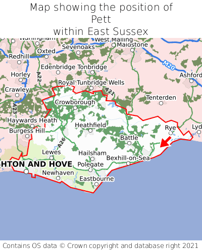 Map showing location of Pett within East Sussex