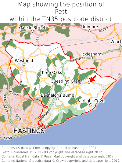 Map showing location of Pett within TN35