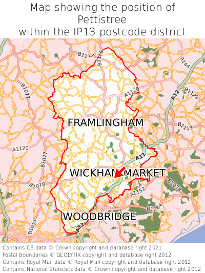 Map showing location of Pettistree within IP13