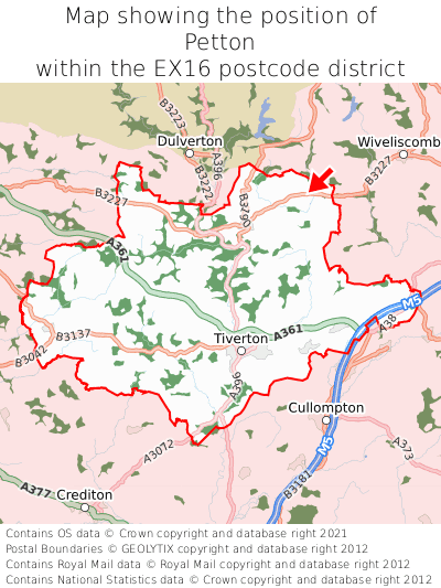 Map showing location of Petton within EX16