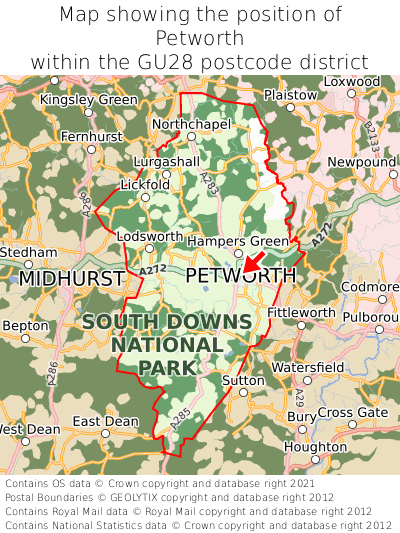 Map showing location of Petworth within GU28