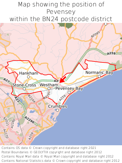 Map showing location of Pevensey within BN24