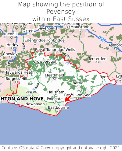 Map showing location of Pevensey within East Sussex