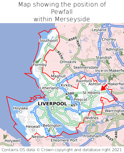 Map showing location of Pewfall within Merseyside