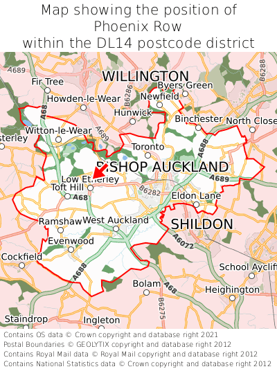 Map showing location of Phoenix Row within DL14
