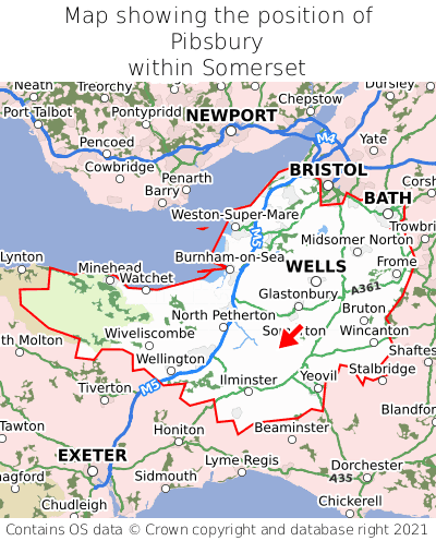 Map showing location of Pibsbury within Somerset