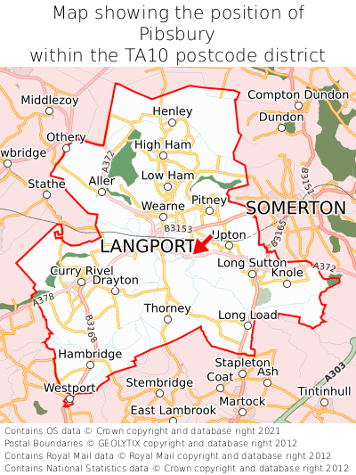 Map showing location of Pibsbury within TA10