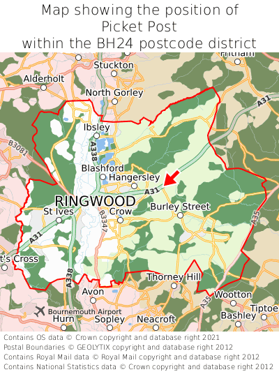 Map showing location of Picket Post within BH24