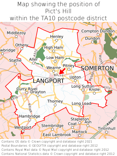 Map showing location of Pict's Hill within TA10