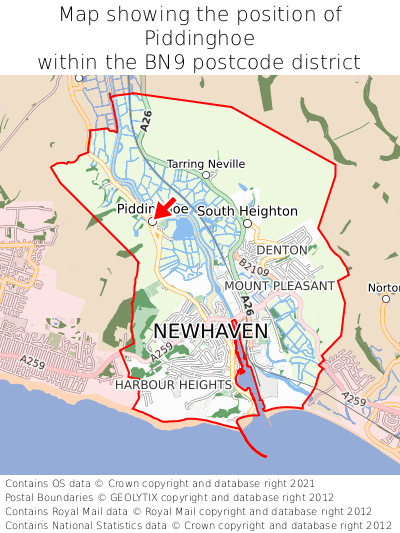Map showing location of Piddinghoe within BN9