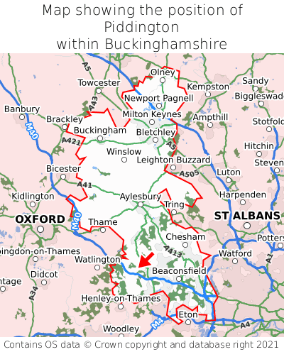 Map showing location of Piddington within Buckinghamshire
