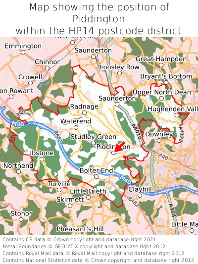 Map showing location of Piddington within HP14