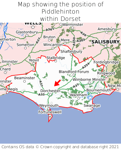 Map showing location of Piddlehinton within Dorset