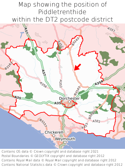 Map showing location of Piddletrenthide within DT2