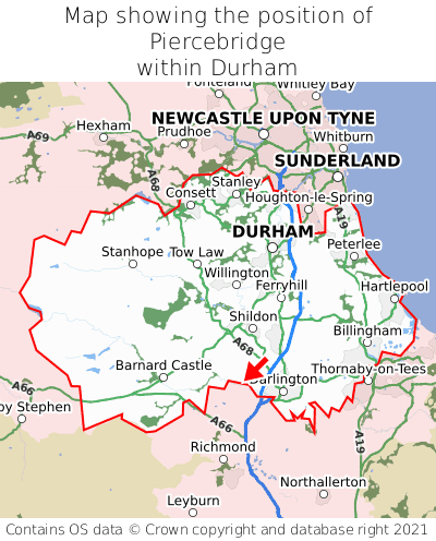 Map showing location of Piercebridge within Durham