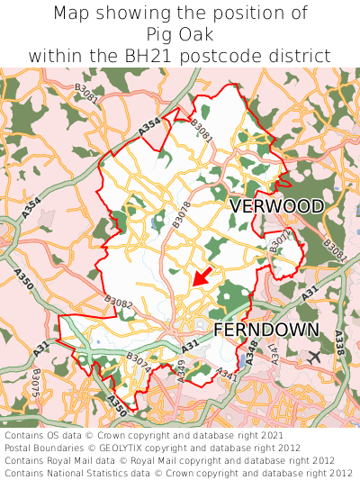 Map showing location of Pig Oak within BH21