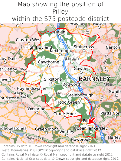 Map showing location of Pilley within S75