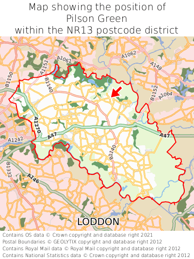 Map showing location of Pilson Green within NR13
