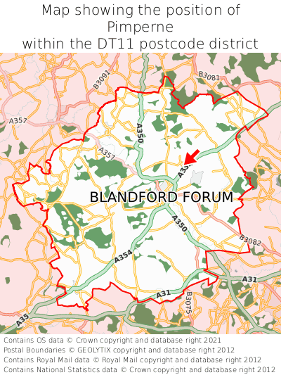 Map showing location of Pimperne within DT11