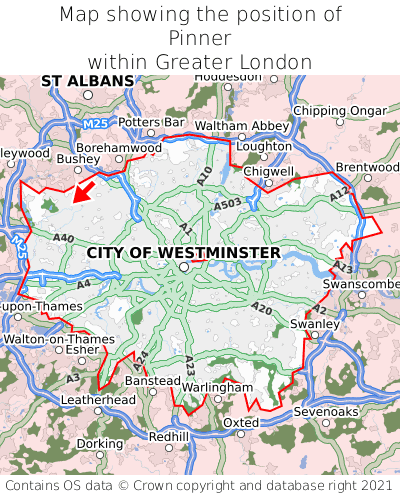 Map showing location of Pinner within Greater London