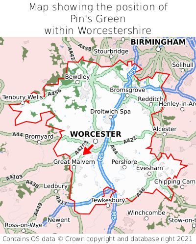 Map showing location of Pin's Green within Worcestershire