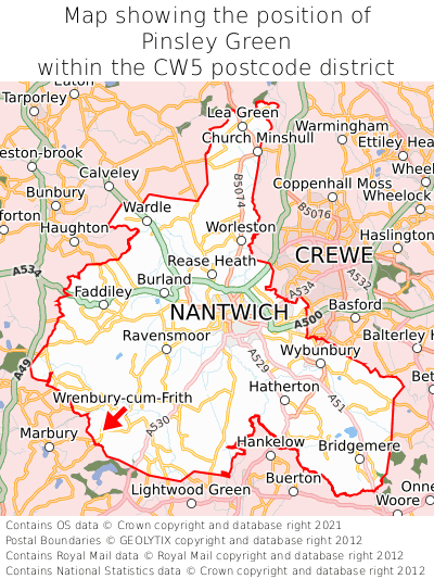 Map showing location of Pinsley Green within CW5