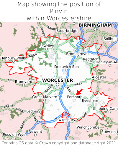 Map showing location of Pinvin within Worcestershire