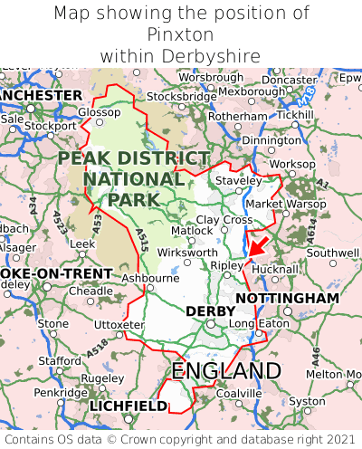 Map showing location of Pinxton within Derbyshire