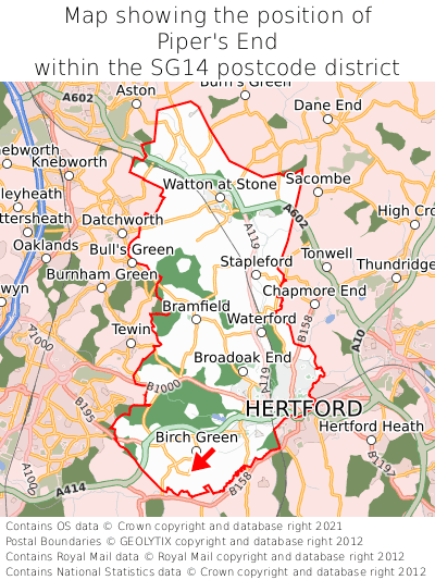 Map showing location of Piper's End within SG14