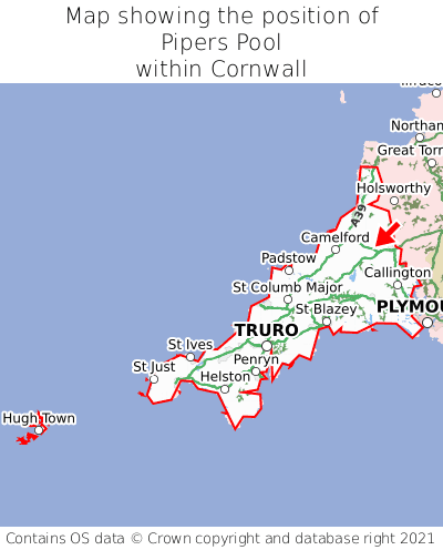 Map showing location of Pipers Pool within Cornwall