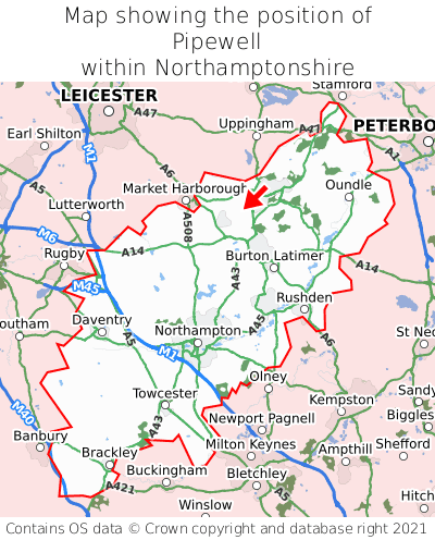 Map showing location of Pipewell within Northamptonshire