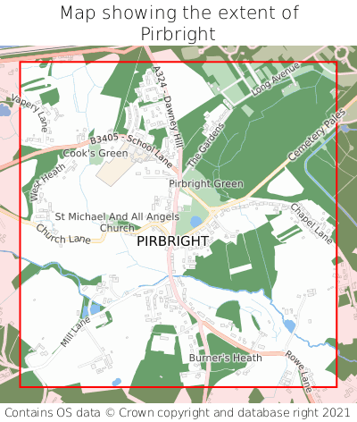 Map showing extent of Pirbright as bounding box