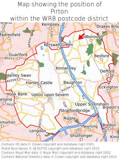 Map showing location of Pirton within WR8