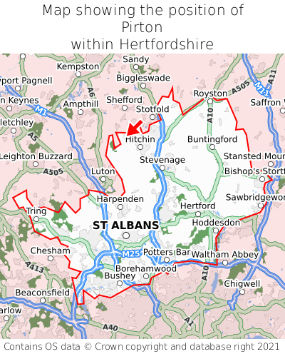 Map showing location of Pirton within Hertfordshire