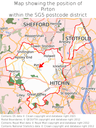 Map showing location of Pirton within SG5