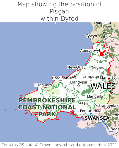 Map showing location of Pisgah within Dyfed